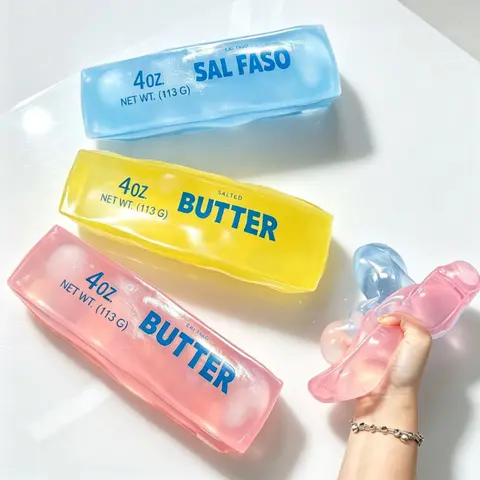 Butter-Shaped Soft Transparent Decorative Ornament, Bendable Stretchable Material, Multi-Color Options, Realistic Butter Label Printing, Ideal Gift for Family & Friends