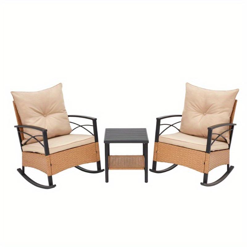 Patio Rattan Rocking Chairs Set of 3, Outdoor Dining Chairs with Cushion and Coffee Table, Patio Rocker Chair Set for Porch and Backyard Beige