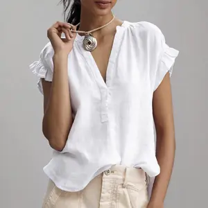 VVZ 2026 Women's Linen Blend V-Neck Blouse, Boho Ruffle Short Sleeve Casual Top