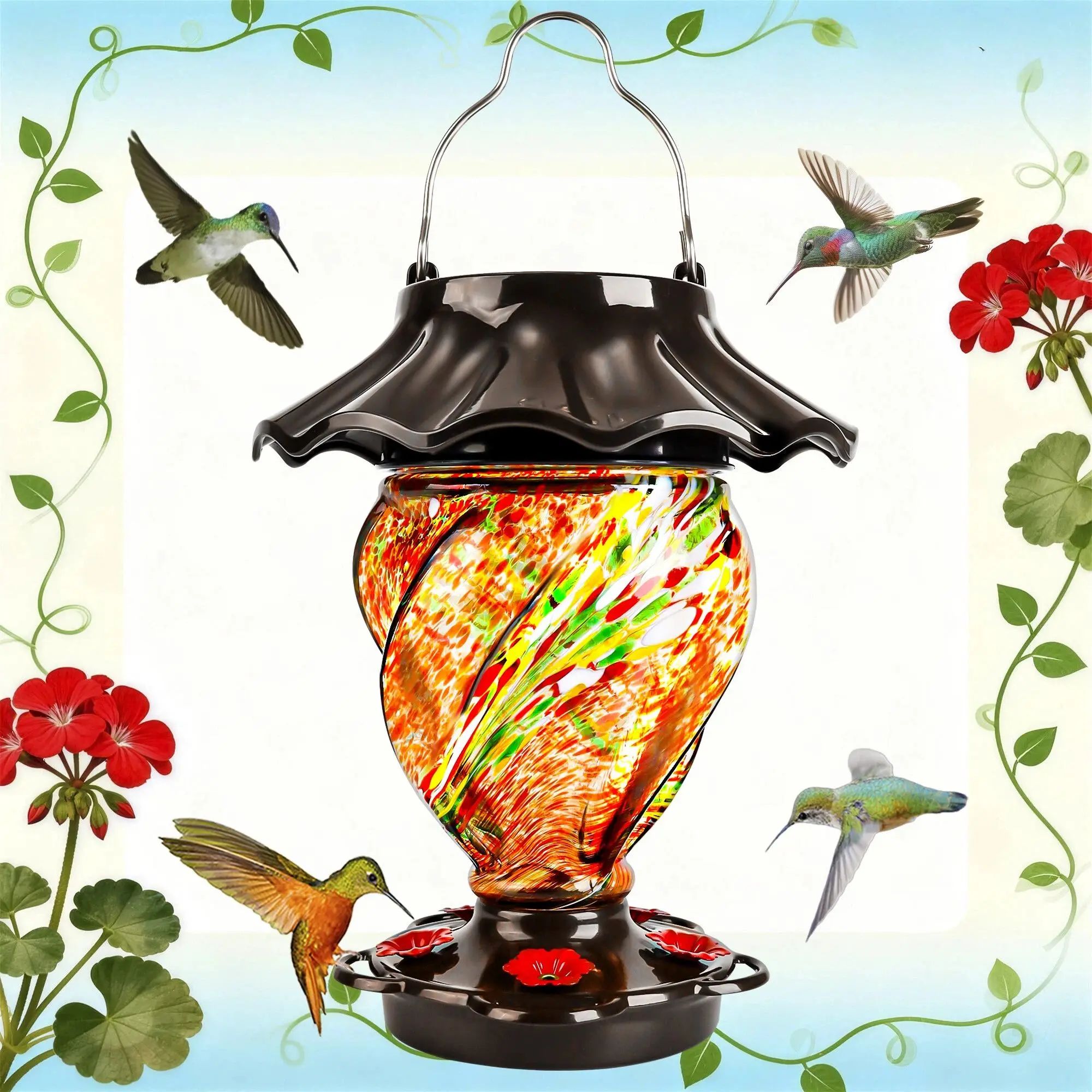 LUJII Solar-Powered Bird Nectar Feeder for Outdoor Hanging, 35 fl.oz Never-Leak Hand Blown Color Changing Glass, Lighted Lantern for Garden Decoration & Garden Gifts, Solar Powered Feeder