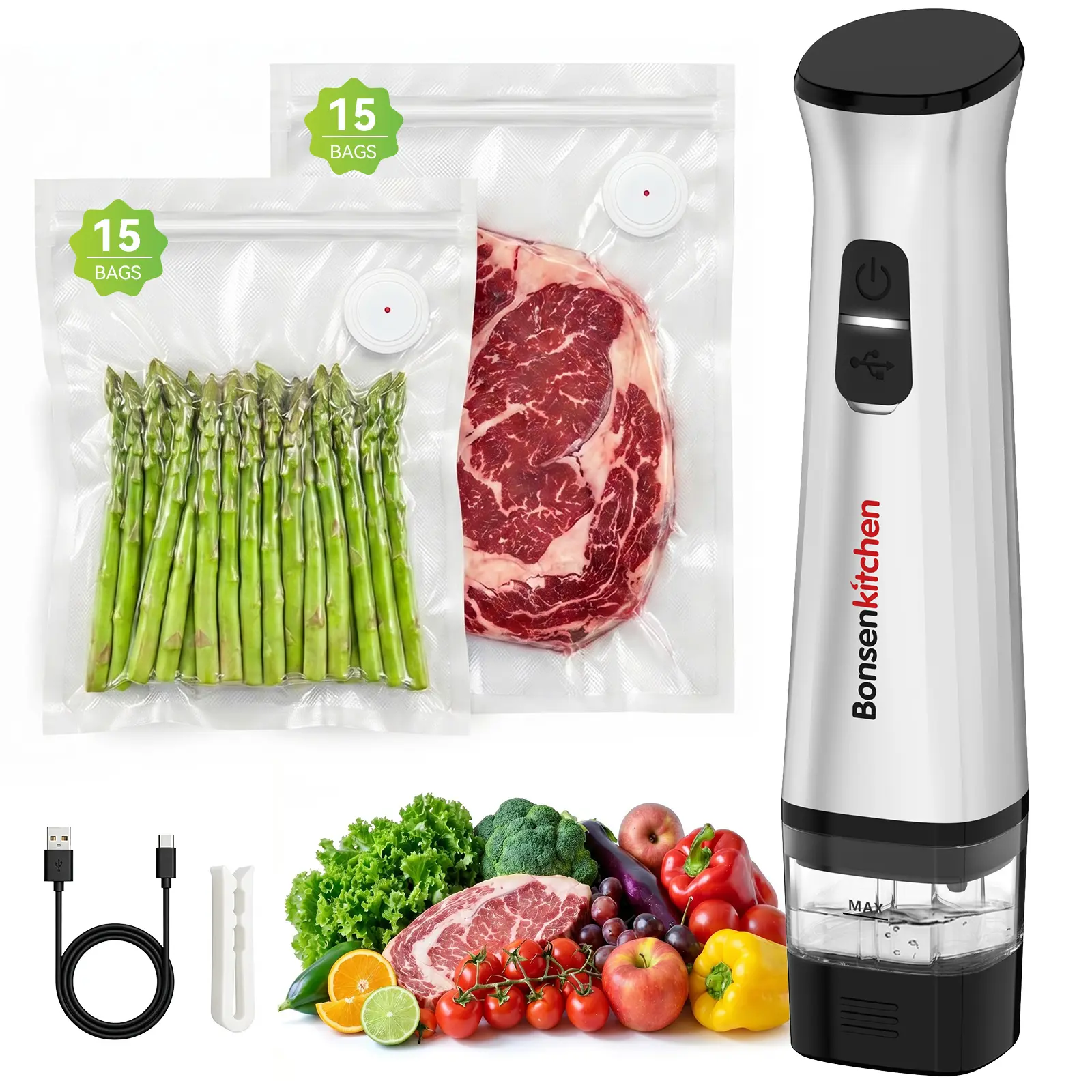 Bonsenkitchen Handheld Vacuum Sealer for Food with 30 Reusable Bags, USB-C Rechargeable, 40kPa Suction, Auto Stop & Detachable Water Tank, Compact Cordless Food Sealer for Meal Prep & Travel, Silver