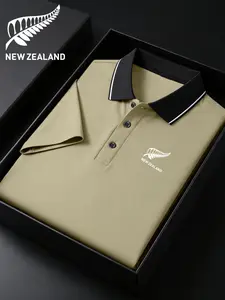 Men's New Zealand Logo Print Polo Shirt, Quick-Dry Sportswear, Breathable Fabric, Durable Stretch, Short Sleeve, Comfortable Fit, Top