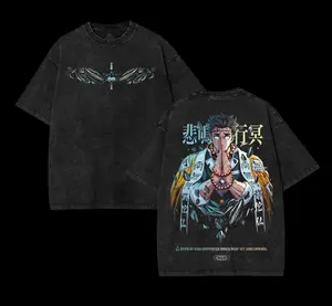 Stone Hashira Gyomei Himejima Demon Slayer Kimetsu No Yaiba Anime Double Printed Acid Washed Tee Crewneck T-Shirt Graphic tees streetwear Cotton manga