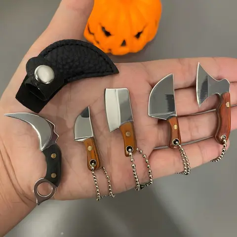 SET OF 5 Super Mini Pocket Knife Keychain Set, 5PCS Small Knives Hanging Ornament with Leather Pouches, EDC Tool for Outdoor Camping, Stainless Steel Tools+Wood