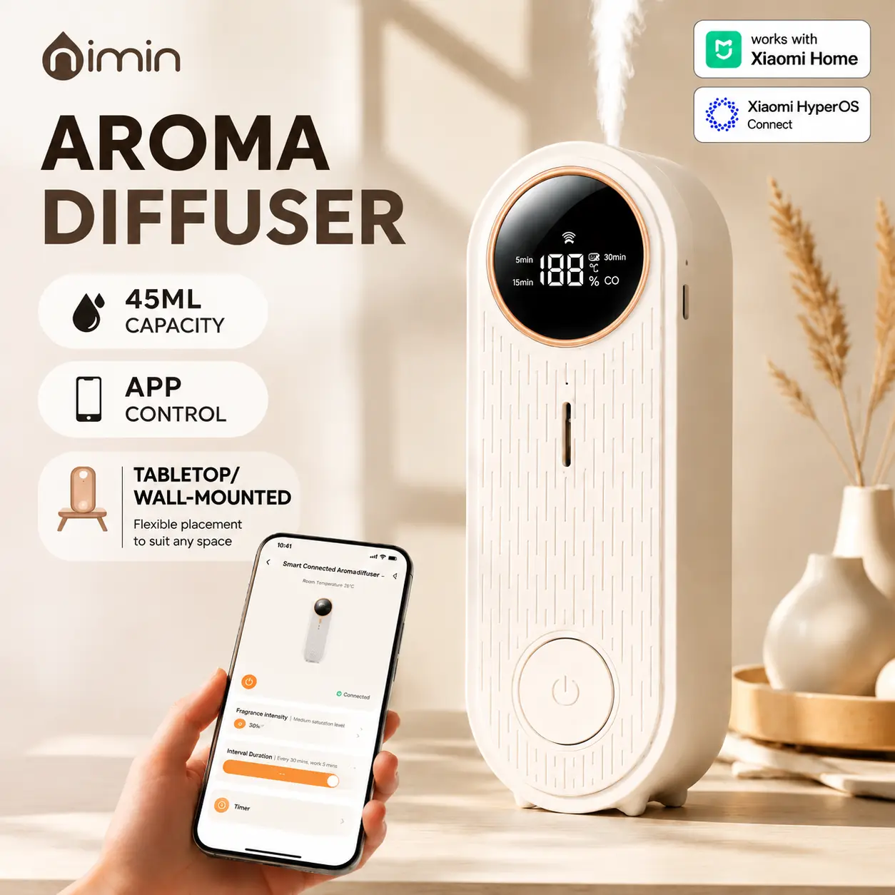 Nimin Smart Aromatherapy Diffuser Works with Xiaomi Home Rechargeable Long-Lasting Scent Machine for Home Bedroom Office Hotel