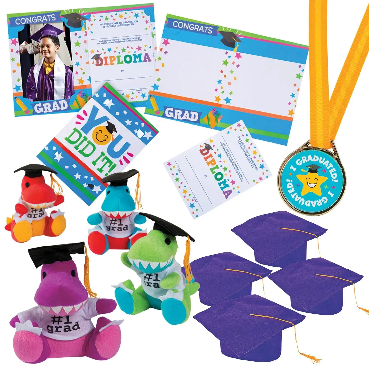 Kids’ Purple Elementary School Graduation Mortarboard Hats with Awards Kit for 12, Accessories, Photo