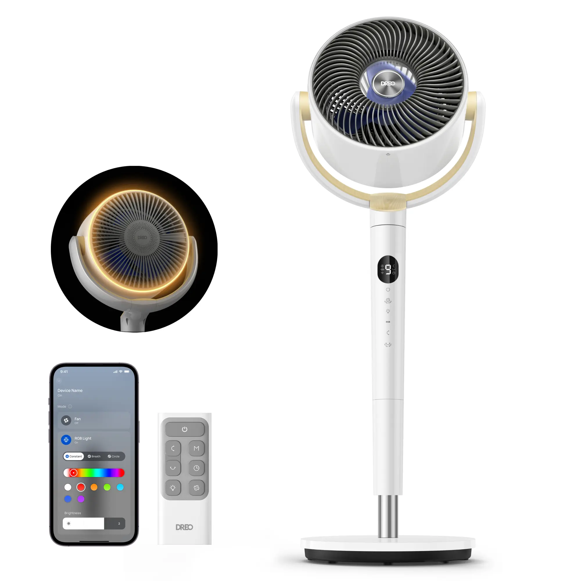 DREO Smart Pedestal Fan for Bedroom, 37-42 in Adjustable Height Cooling Fan, 120°+120° Omni-Directional Oscillation, 20dB Quiet, 9 Speeds, 6 Modes, 8H Timer, RGB Light, Wi-Fi Voice & Alexa Control, Remote Included, Cooling Fans