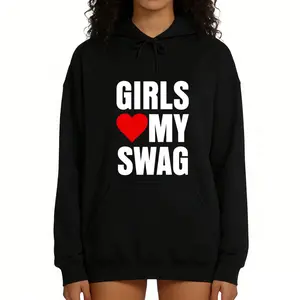 Funny Long Sleeve Hoodie for Couples – 'Girls Love My Swag' American Letter Graffiti Design