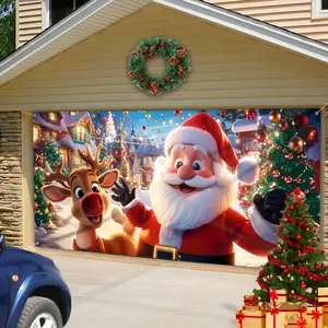 Durable Polyester Happy Santa Claus & Elk Christmas Garage Door Banner - Easy-to-Hang Outdoor Decoration for Home & Yard