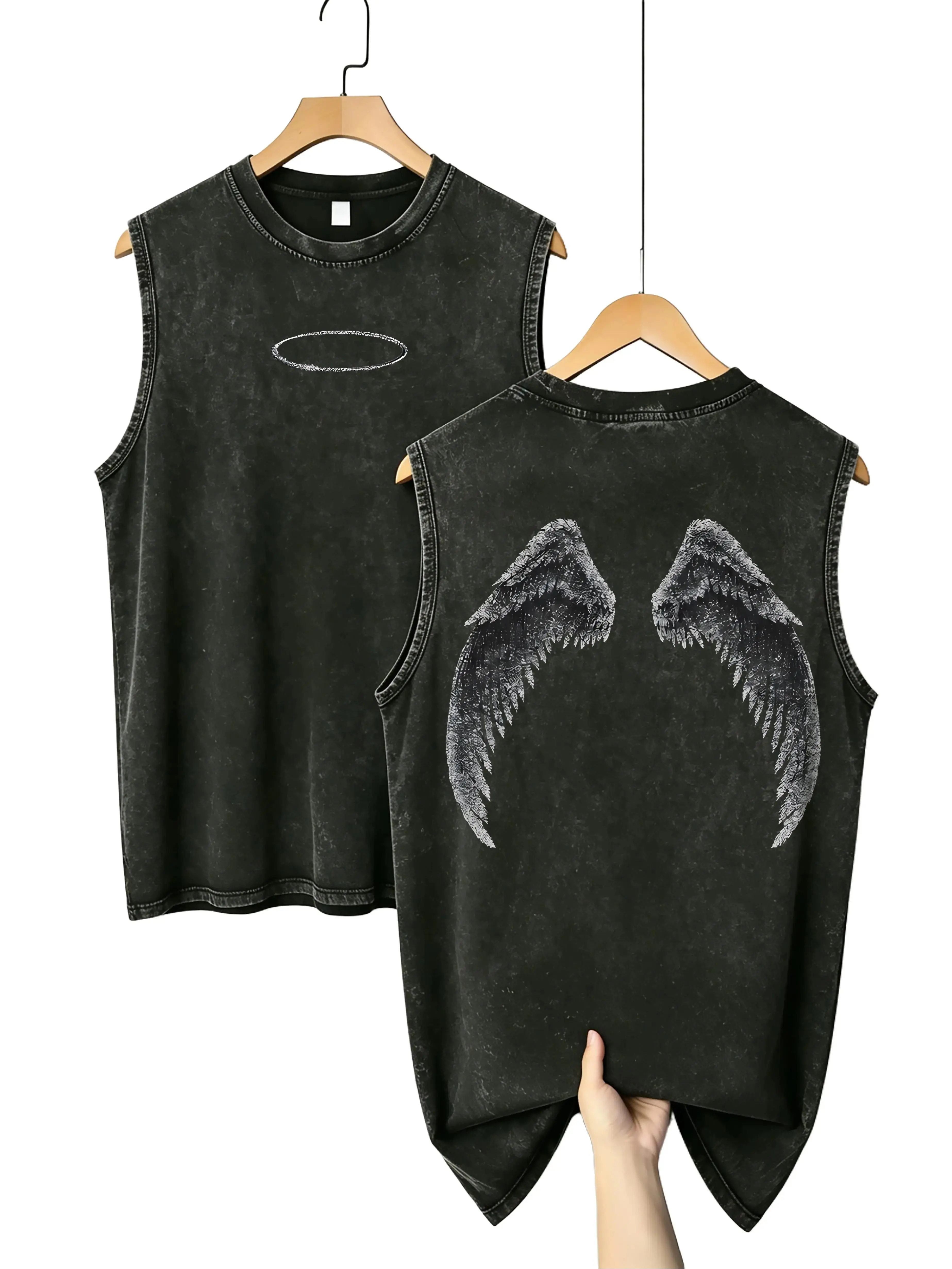Men's Gothic Angel Wings Print Pattern Tank Top - Vintage Retro Washed Cotton, Baggy Oversized Loose Sleeveless Black Round Neck Summer Evening Menswear Vest with Tropical Socks, Street Sohochic, Graphic