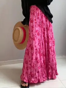 Women's Plus Size Maxi Skirt Floral Print Crinkle Flowy Boho Elastic Waist Pleated Long Skirts Beach Vacation Casual Summer Resort Wear Trendy Fit Womenswear