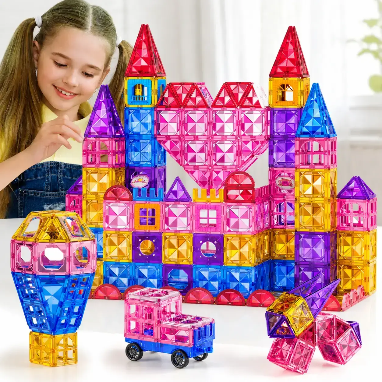 52 PCS Magnetic Tiles Set,Magnetic Building Tiles for Kids Age 4-8 3-5, Toddler STEM Magnet Blocks, Kids Toys Birthday,Compact Magnet Building Blocks,Lightweight STEM Construction Toy,On-the-Go Stacking Play for Toddlers,Kids Travel Toy for Car Airplane