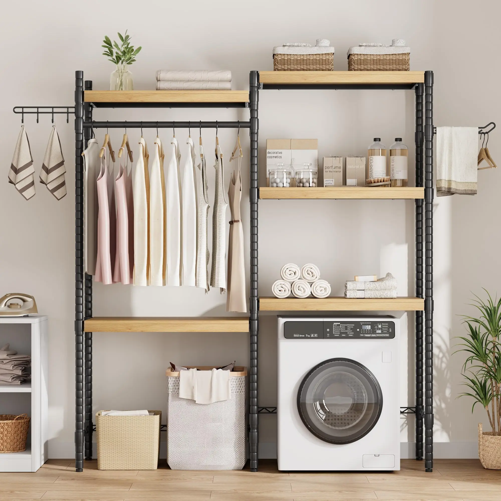 Garvee 5-Tier Double Row Over-Washer & Dryer Storage Shelf, Adjustable Height Laundry Room Organizer with Drying Rack & Hooks, for Freestanding Bathroom and Laundry