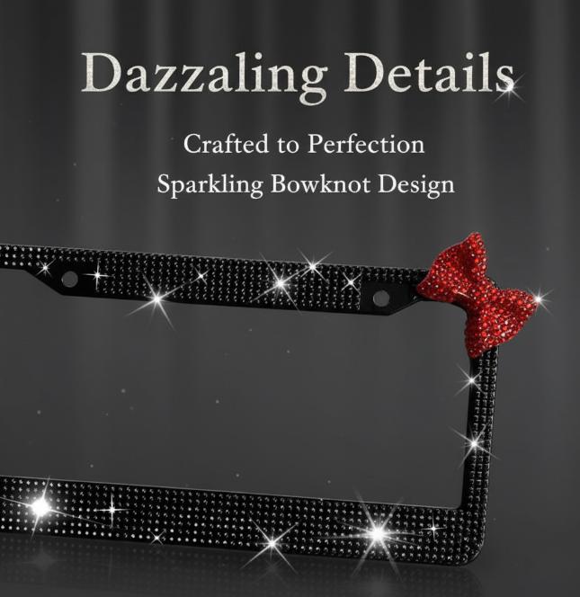 Upgrade Your Car's Look with a White Shiny Bow Tie License Plate Frame! Luxury Sparkling License Plate Frame - Black Frame with Red Bow Design, Crystal Rhinestones, Durable Shell, Easy Installation, Perfect Accessory for Women Drivers Unique customization