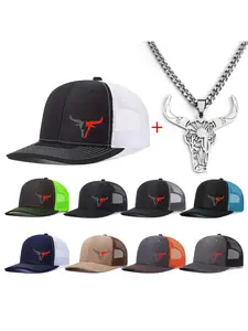 Unisex Bull Head Necklace & Baseball Cap Set, Casual Fitted Design, All-Season Wear, Ideal for Men & Women, Perfect for Daily, Mesh Cap, Mesh Hat