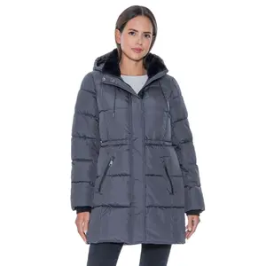 Women's 3/4 Puffer Coat with Cozy Faux Fur - S.E.B. By Sebby Grey Medium