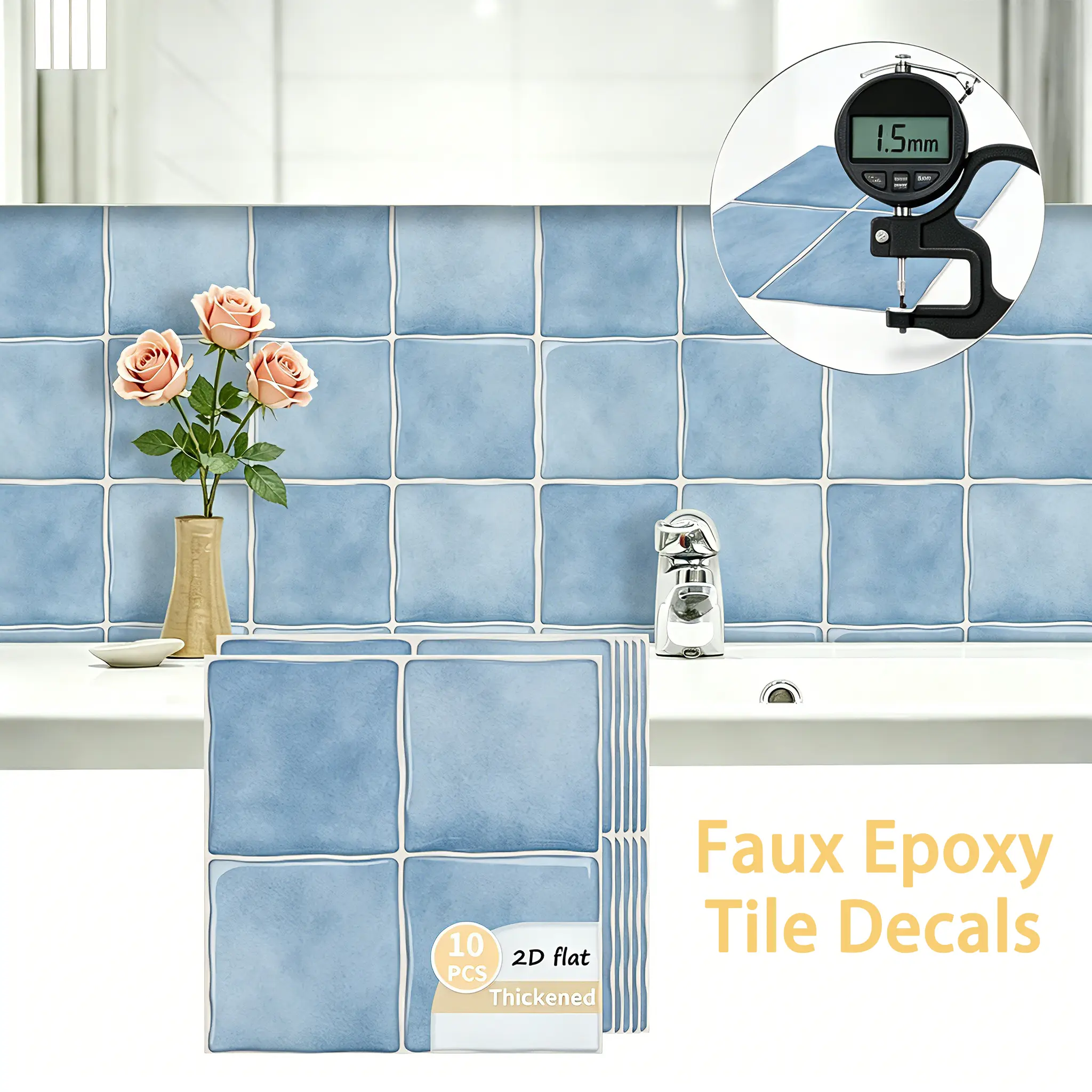 Peel and Stick Light Blue Tile Pattern Wall Decals, Waterproof Oilproof Removable Stickers, 10PCS Self-Adhesive Vinyl Wall Stickers for Kitchen Bathroom Home Decor