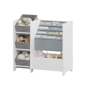 Kids Bookcase, 25.59x11.81x23.62 in White, 3 Fabric Drawers & 4-Tier Tilted Shelves, Sturdy MDF Construction, Child-Friendly Open Storage Organizer with Shelves for Bedroom, Nursery