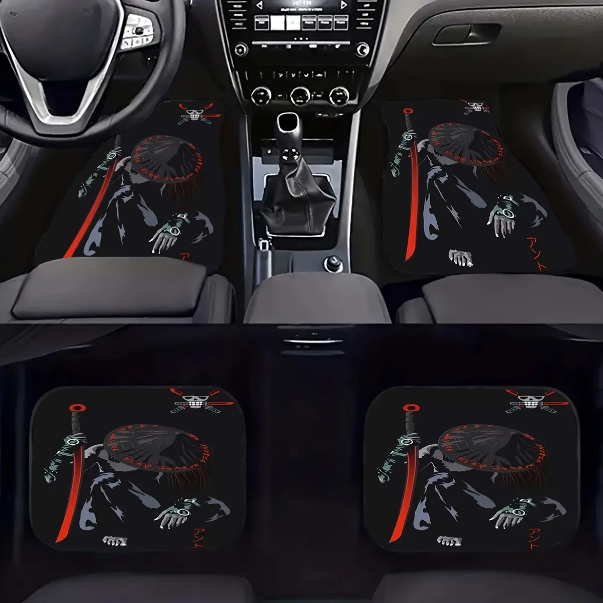 4-Piece set of animation samurai design car floor mats - full coverage all-weather polyester non-slip, suitable for SUV cars, unique gifts for car lovers, printing, durable materials, car interiors, Car accessories
