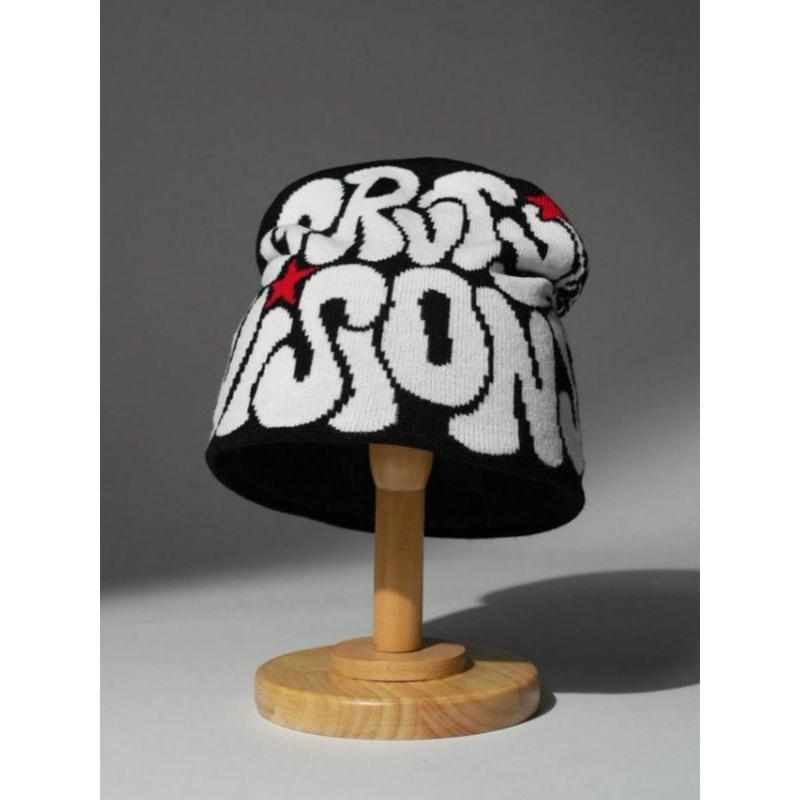 Men’s Letter Jacquard Spider Web Knit Hat Street Style Warm Beanie for Fall and Winter Fashionable Casual Winter Headwear