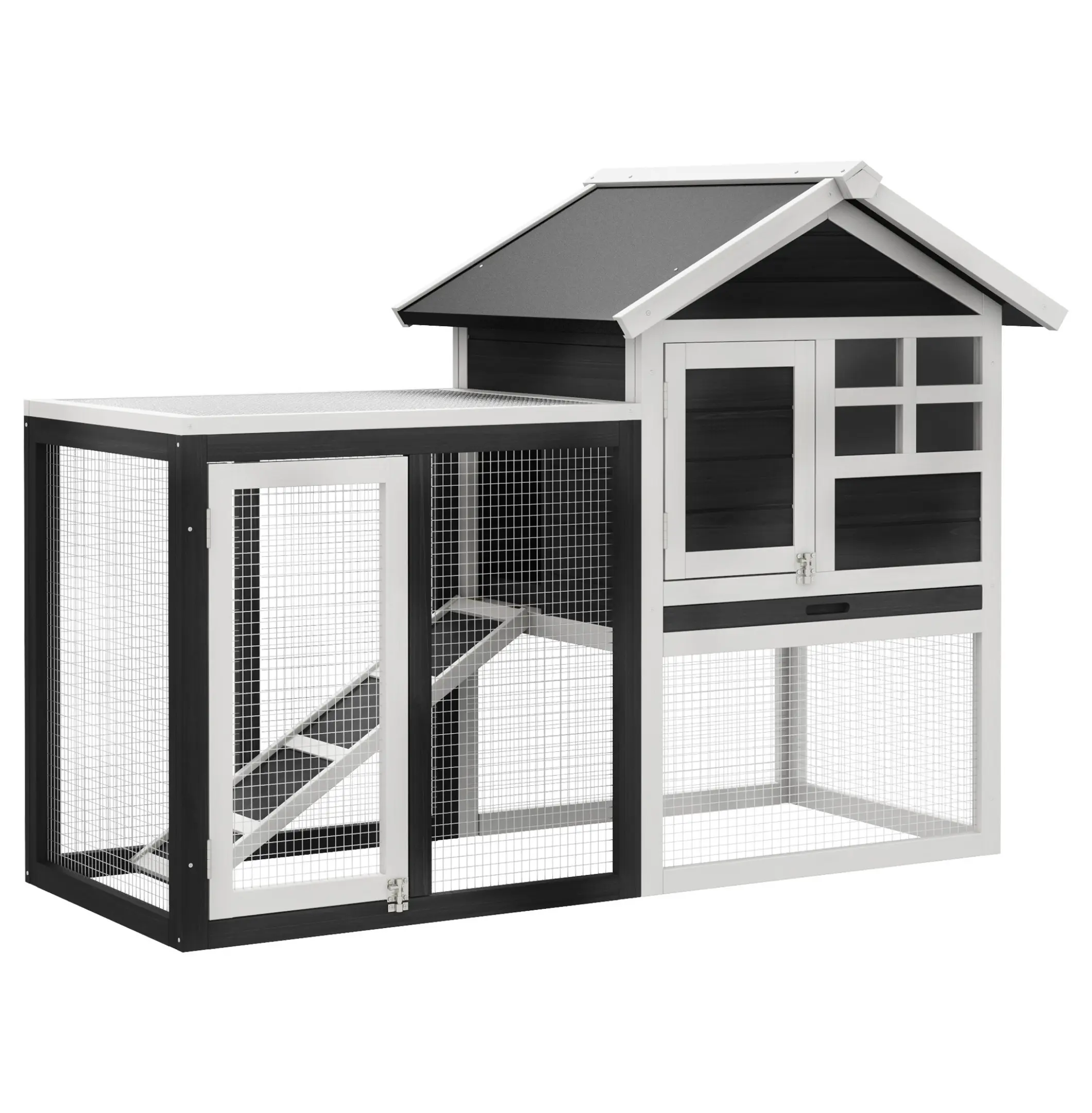 48"l x 24.75"w x 36.25"h Wood Rabbit Hutch - Waterproof Asphalt Roof, Outdoor Run, Removable Tray, Ramp, Enclosed House for Dwarf Rabbits, Easy Access for Feeding, Grey+White Indoor/Outdoor Small Animal Habitat, Waterproof Roof