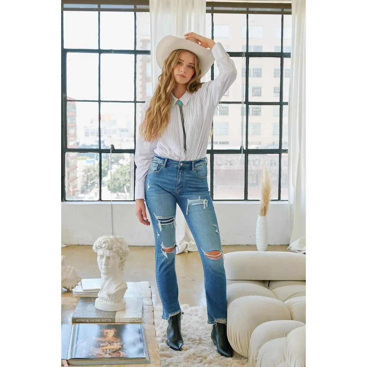 Mesh Tummy Control High Rise Straight W/ Single Cuff Jeans