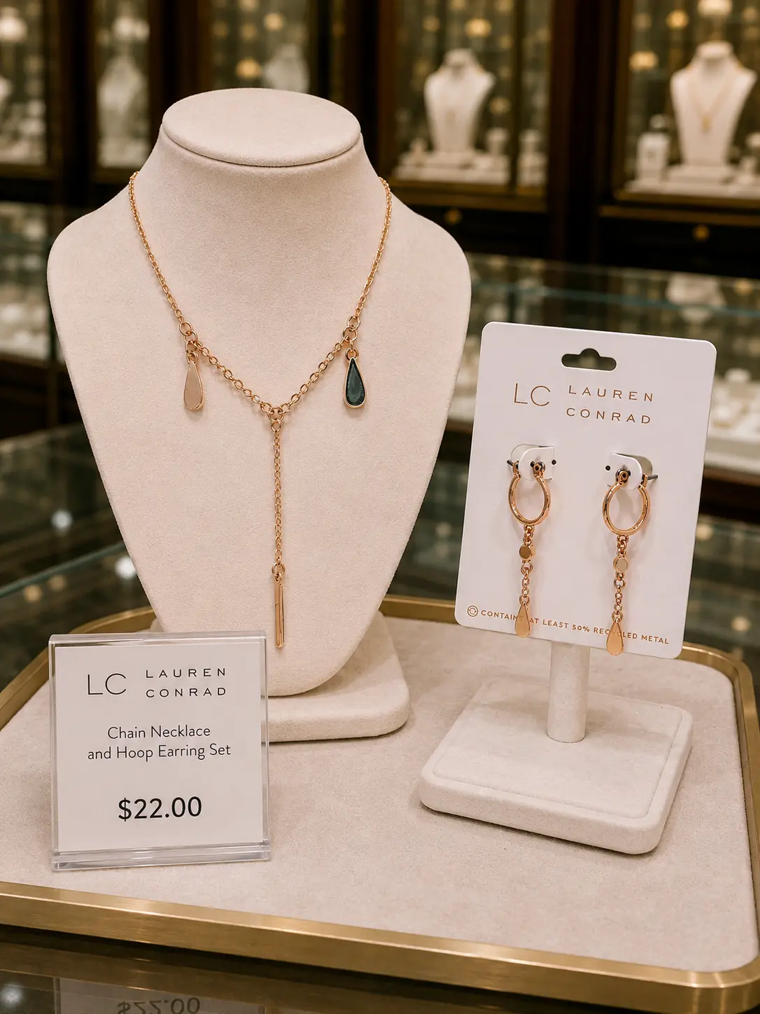 Women's LC Lauren Conrad 2-Piece Adjustable Lariat Necklace & Hoop Earring Set - Rose Gold-Tone Minimalist Costume Jewelry with Geometric Teardrops for Daily Wear
