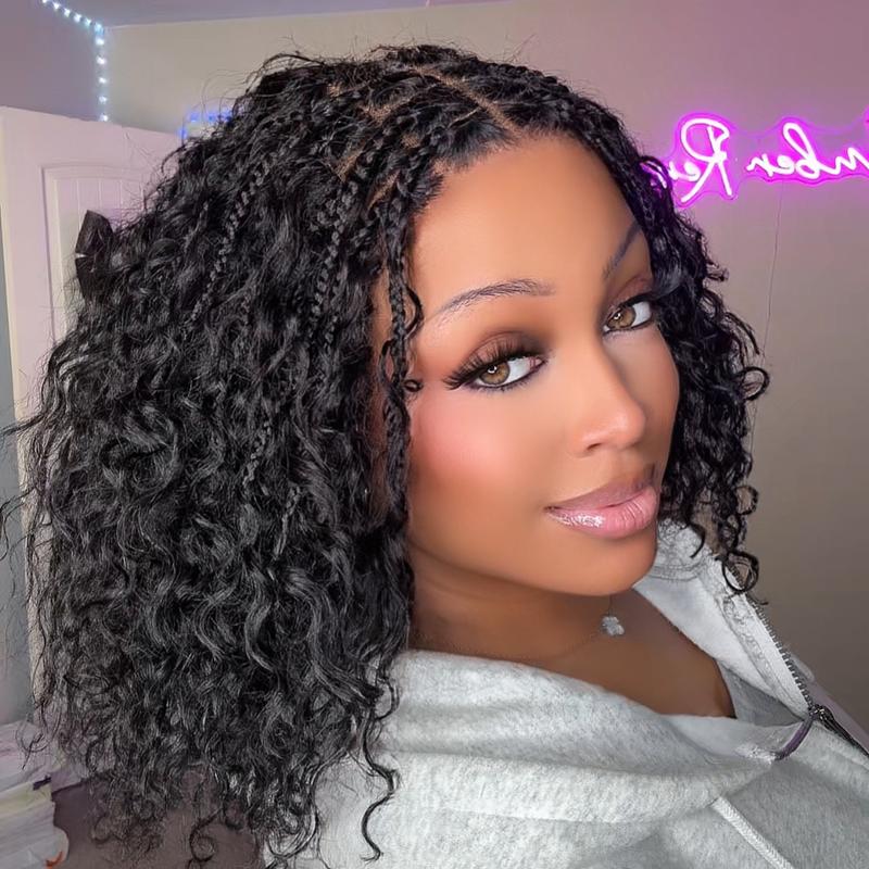 【100%Human Hair】LWIGS Boho Braids Deep Curly Glueless 5x5 Closure Pre-Cut Lace Short Curly Human Hair Braided Wig Natural Black Bohemian Style , cannot be dyed