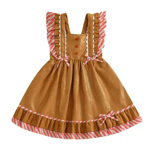 Toddler Girl Christmas Dress Flying Sleeve Square Neck A-Line Gingerbread Man Princess Dress Toddler Girl Christmas Outfit