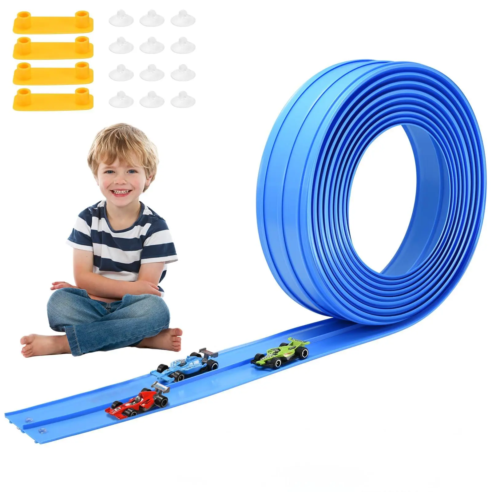 Flex Tracks 15 Ft Starter Set Durable Flexible Race Track for Kids, Creative Play, Race Car Ramp Track Compatible with Hot Wheels and Diecast 1/64th Cars, Portable Rolls Up Race Tracks with Strong Suction Cups (Race car not included)