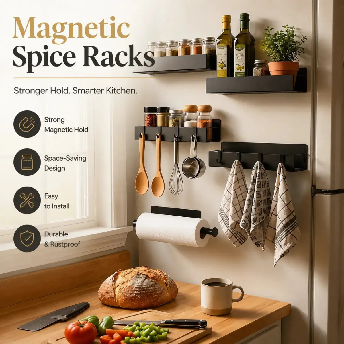 5-Piece Heavy-Duty Metal Magnetic Spice Rack Kit with Paper Towel Holder - Matte Black Rectangle No-Drill Fridge/Bathroom Organizer, Rustproof, Easy Install for Small Spaces, Five Pieces