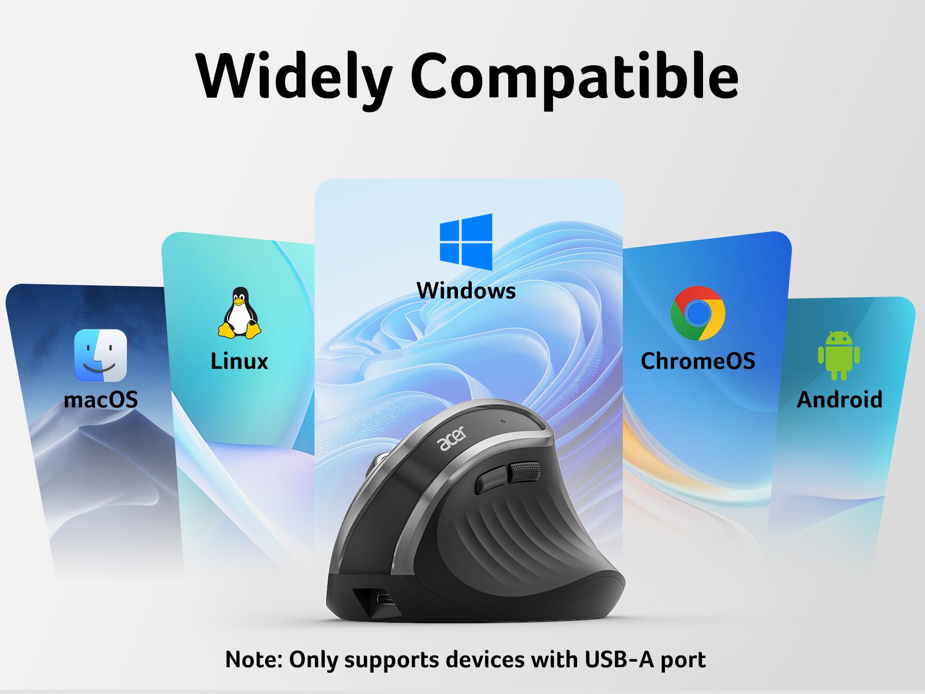Acer Ergonomic Mouse Wireless, Vertical Computer Mouse for Office, Ergo Mice Rechargeable for Medium to Large Sized Hands, 2.4GHz USB Receiver, 800/1200/1600 DPI, 6 Buttons for Laptop, PC and Desktop