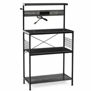"Estante de Cocina con Enchufe, Soporte para Microondas, Estación de Café de 3 Niveles, Organizador de Cocina para Especias y Ollas, Almacenamiento Ajustable, Escritorio Grande 23.6x16.5 Pulgadas, Color Gris/Rústico"