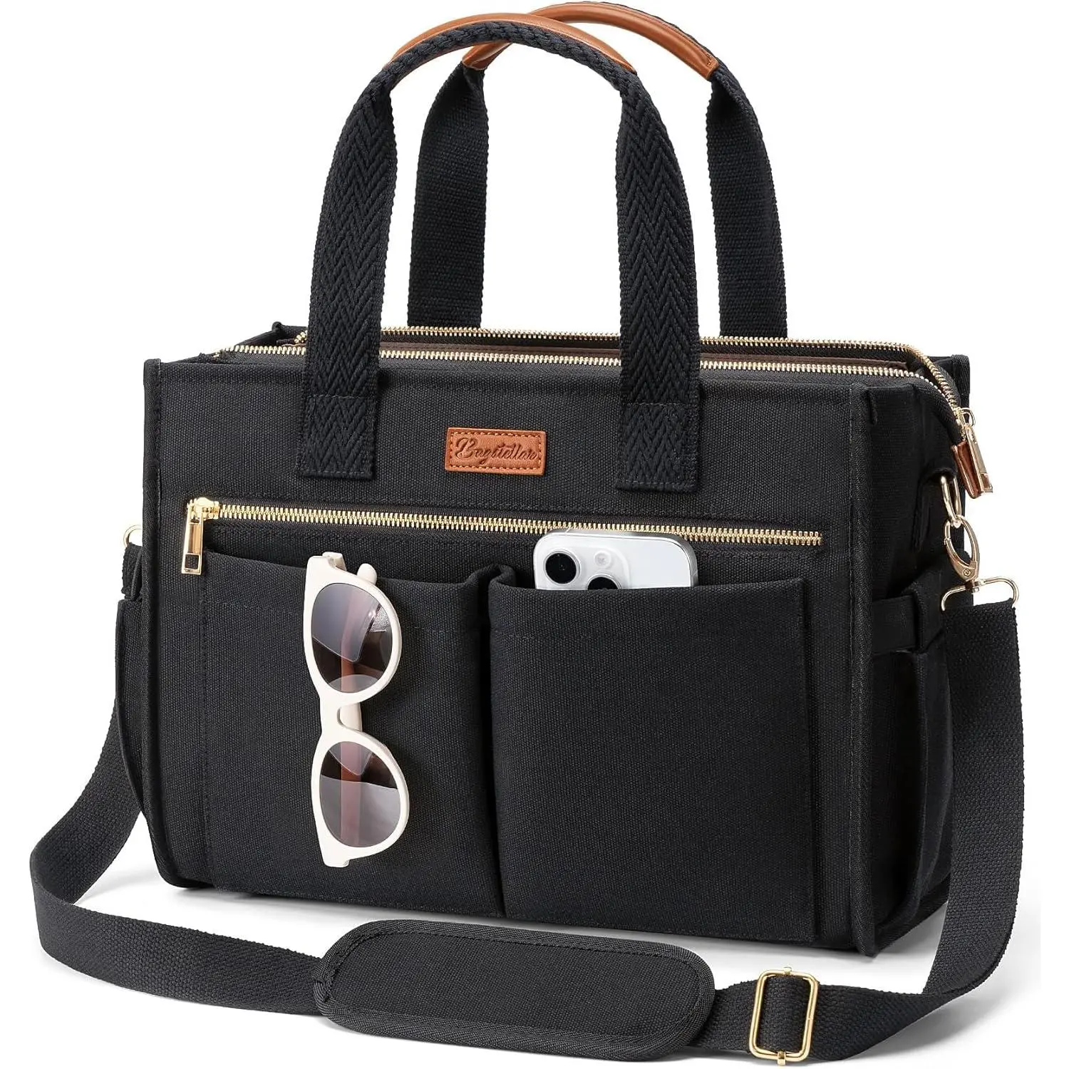 Canvas Tote Bag for Women, 15-Pocket Large Crossbody Handbag  Laptop Bag Zipper Bookbag for Teacher Work Travel College