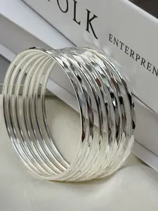 Silver Bangle Bracelets Set for Women - Diamond Cut Stackable Thin Bangles, Shiny Textured Faceted Metal Wristband, Minimalist Boho Layering Jewelry, Premium Sterling Silver Plated Cuff Bracelet Pack, Elegant Everyday Fashion Gift