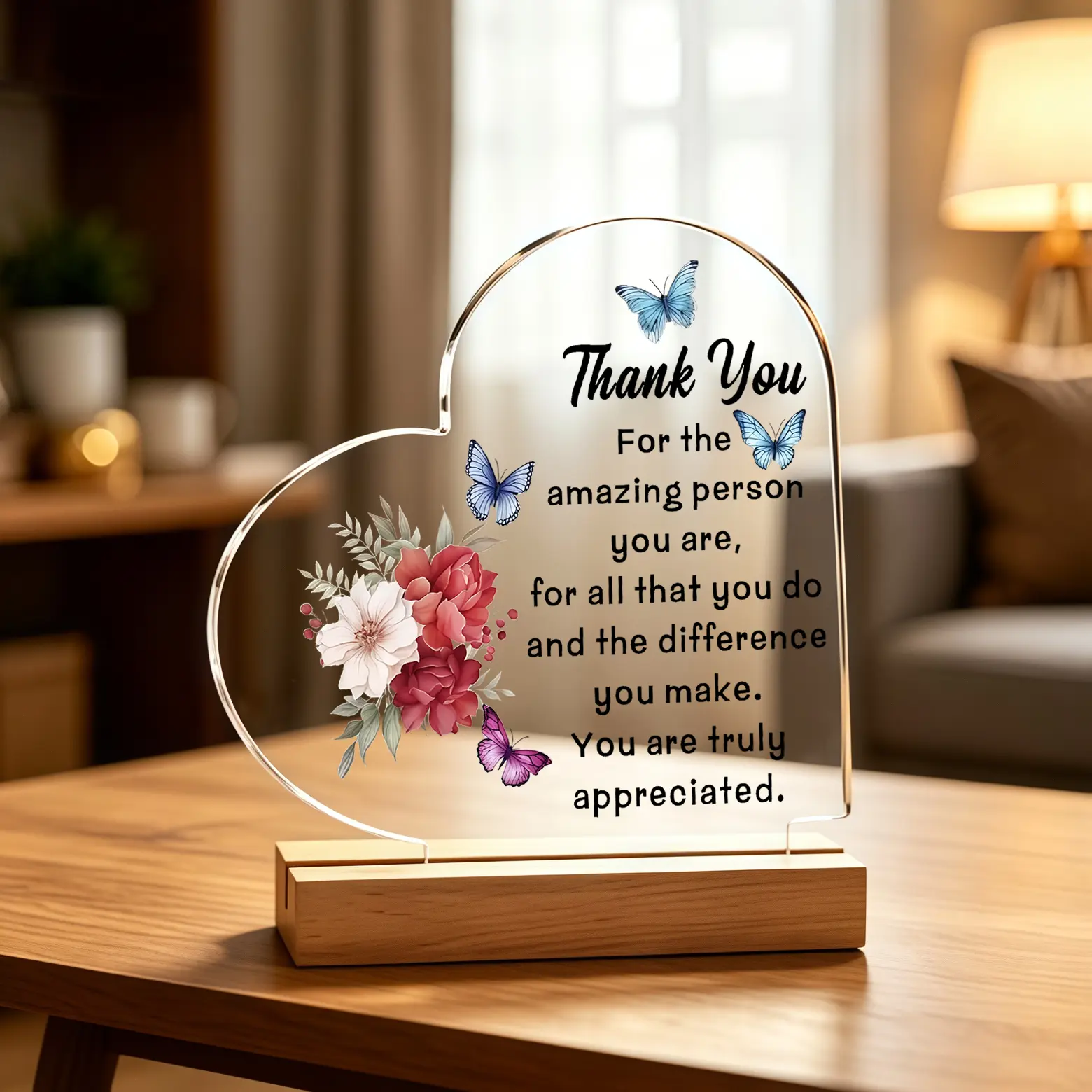 Heart Floral Butterfly Acrylic Plaque With Wooden Base Thank YouAppreciation Gift For Coworker Nurse Teacher Friend