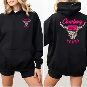 Cowboy Rodeo Hoodie - Western Bull Skull with Pink Leopard Print, Trendy Graphic Streetwear for Rodeo Fans and Country Style Lovers