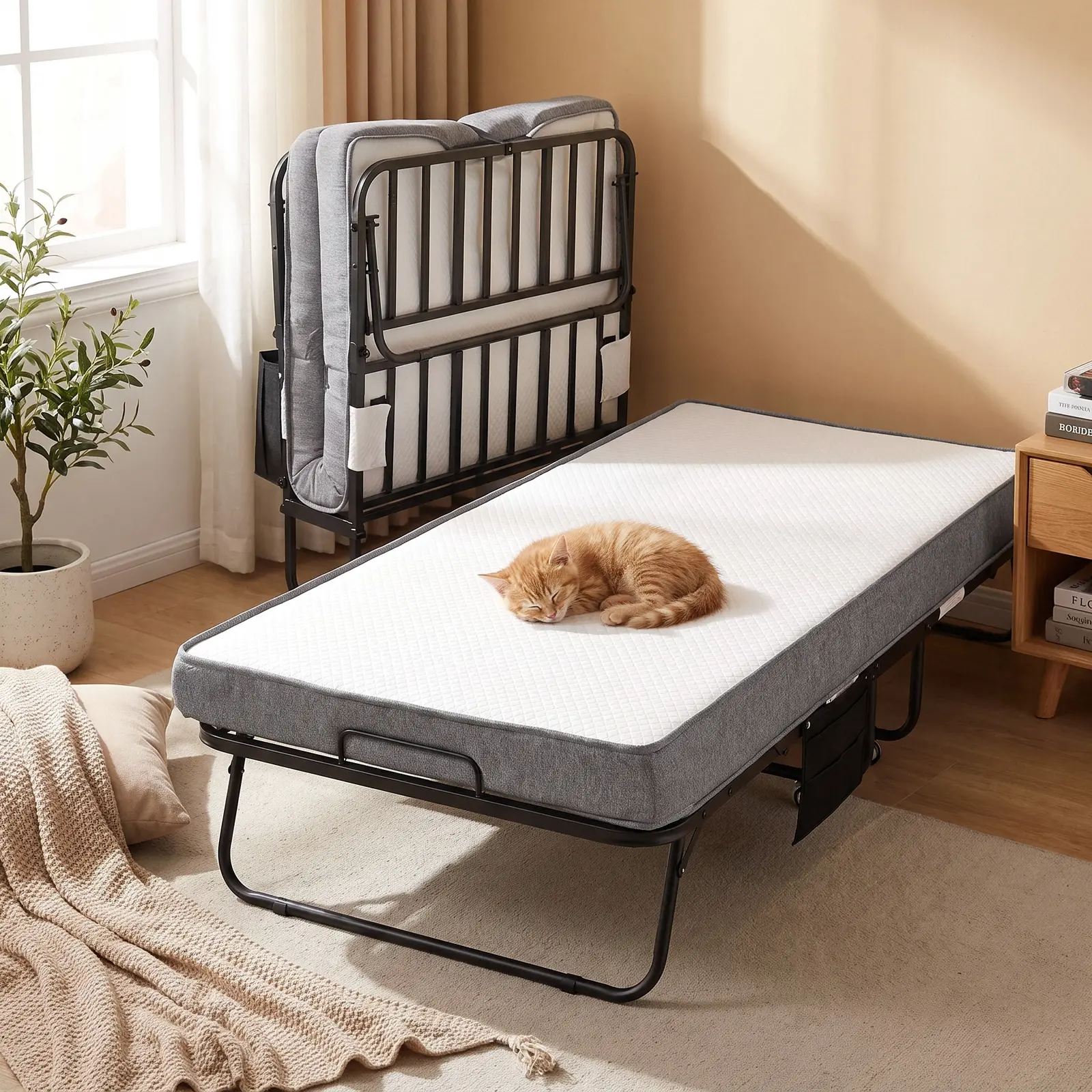 Space-Saving Indoor Furniture Bed, Foldable Portable Bed with 75” x 38" Twin Size Frame, Side Pocket and Transport Wheels Easy Storage for Home Office