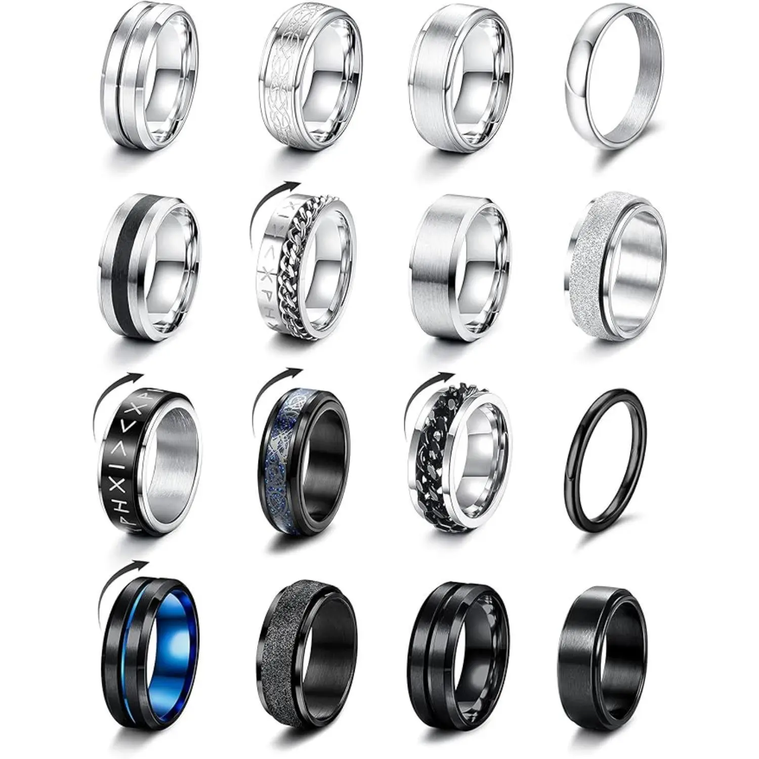 FLORIDECO 16Pcs Stainless Steel Unisex Fidget Rings - Anxiety Relief Spinners, Stacking Rings, Cuban Link Wedding Promise Bands (Sizes 7-13) for Daily Wear,summerwins
