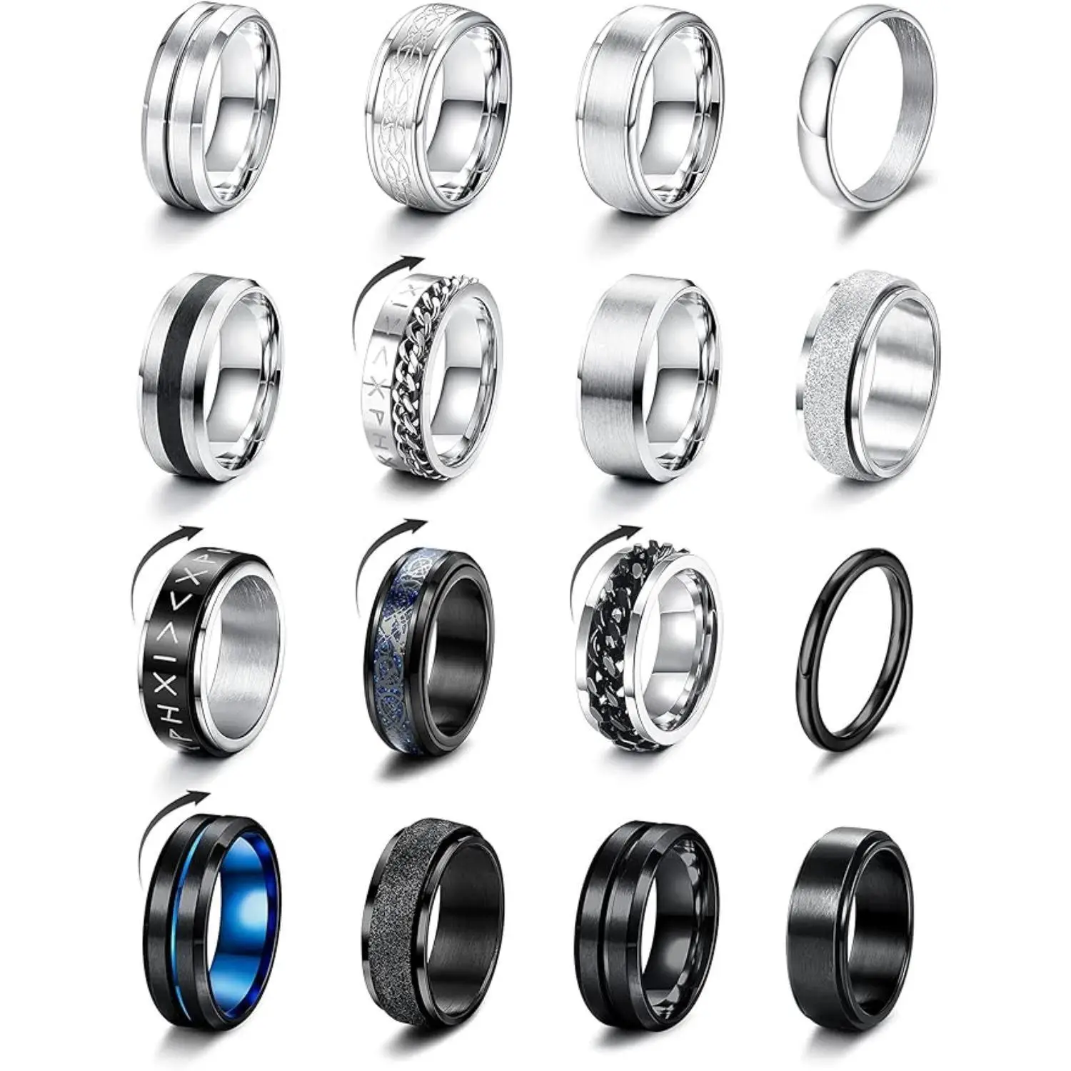 FLORIDECO 16Pcs Stainless Steel Band Rings for Men Women Fidget Rings for Anxiety Cool Spinner Chain Rings Wedding Promise Band Rings Men Cuban Link C