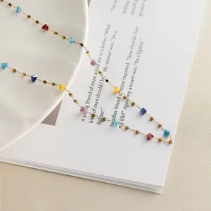 multi-color tiny heart gold necklace, fortune charm jewelry, minimalist dainty necklace, vintage beaded choker, unisex accessory, holiday jewelry gift, crystal heart chain, gold cube bead necklace