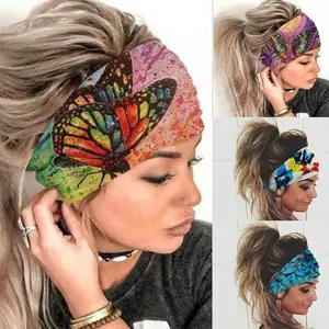 4Pcs Wide Boho Headbands Headwrap Butterfly Stretch Button Hair Bands Bandana Yoga Running Athletic Turban Head Bands Head Scarfs Hair Accessories for Women