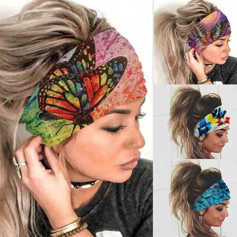 4Pcs Wide Boho Headbands Headwrap Butterfly Stretch Button Hair Bands Bandana Yoga Running Athletic Turban Head Bands Head Scarfs Hair Accessories for Women