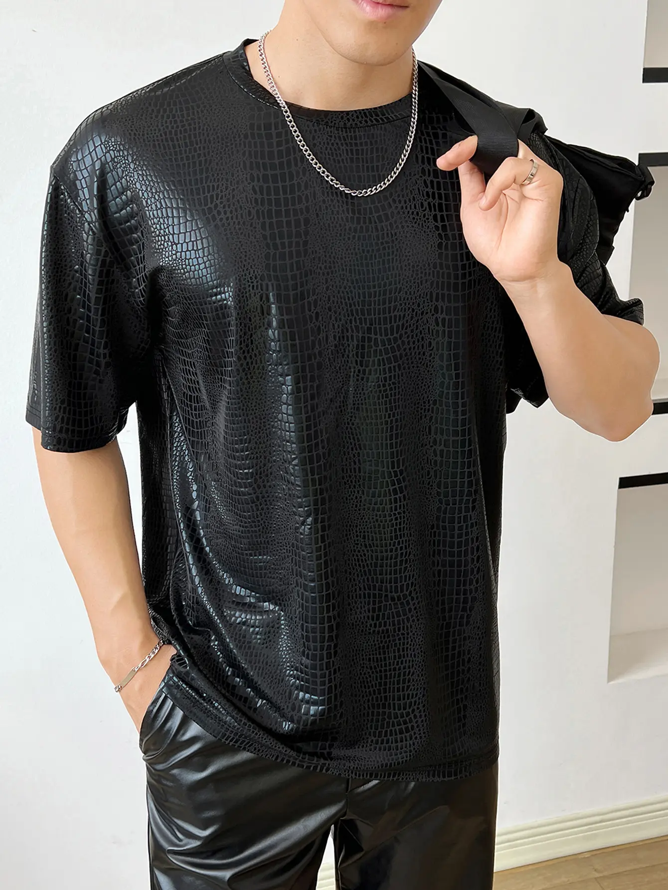 Men's Graphic Tshirt, Streetwear Drop Shoulder Tee with a Round Neck, Longline Top in Soft Stretch Fabric with PU Leather Details,back to school,back to school shopping, Boyfriend