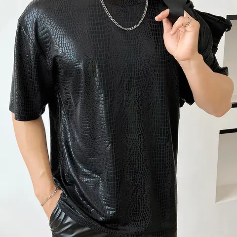 Men's Graphic Tshirt, Streetwear Drop Shoulder Tee with a Round Neck, Longline Top in Soft Stretch Fabric with PU Leather Details,back to school,back to school shopping, Boyfriend