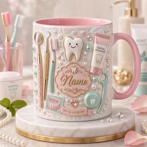 Personalized Dental Hygienist Mug 2D Printed 3D Effect, Custom Name Pink Ceramic Coffee Cup with Toothbrush Dental Tools, Gift for Dentist Women
