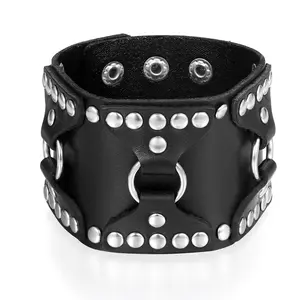 OIDEA Men's Wide Rivet Leather Punk Cuff Bracelet, Adjustable Biker Wristband with Bold Stud Hardware