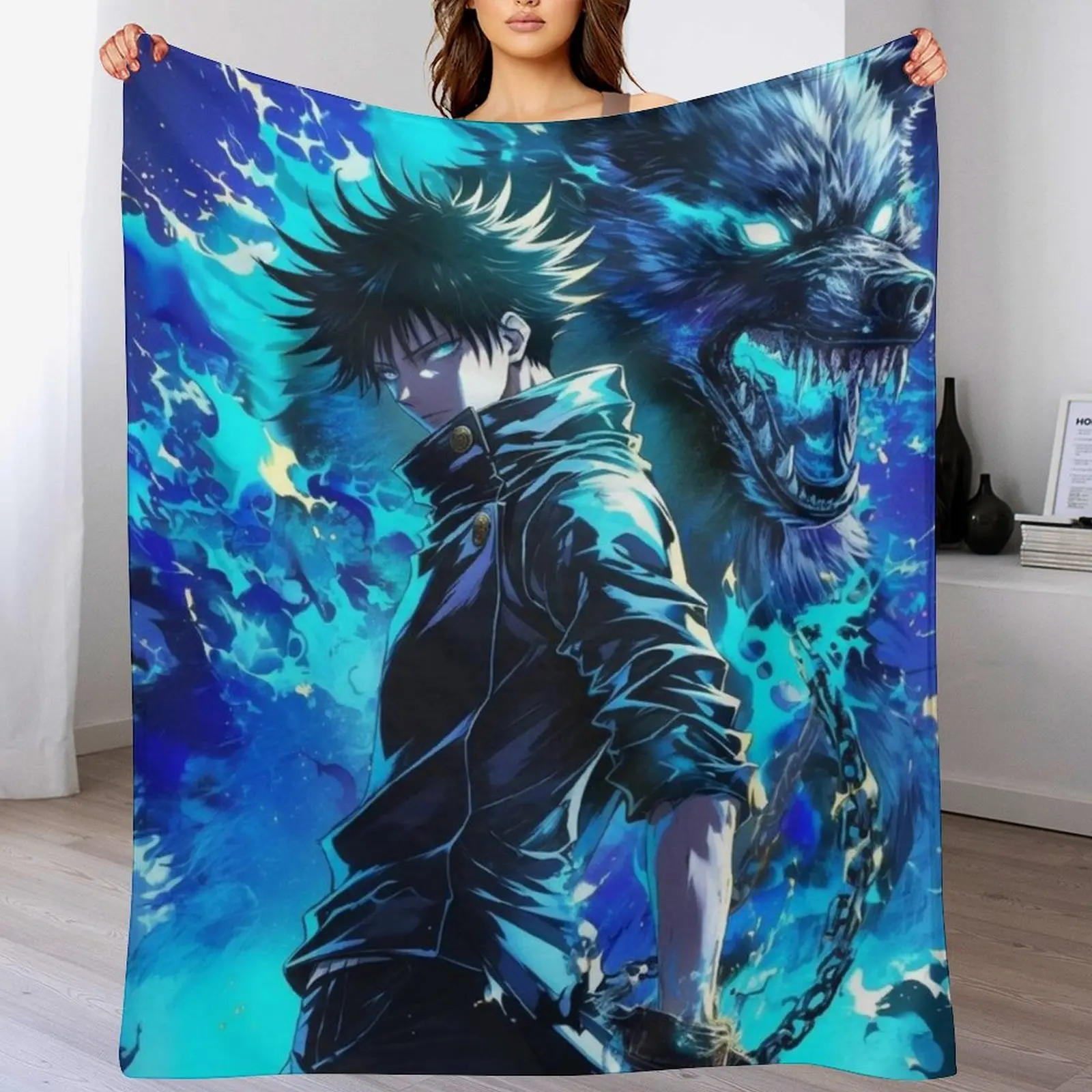 Jujutsu Kaisen Megumi Fushiguro Flannel Throw Blanket, Black Hair Anime Sorcerer Print Fleece Blanket, Cozy Warm Blanket for Anime Fans Bedroom Couch
