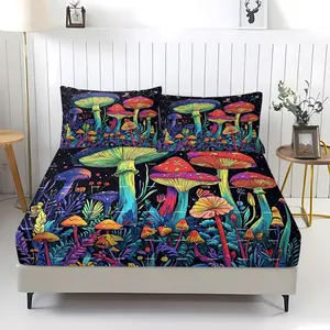 3-Piece Magical Forest Children'S Bedding Set, Cute Cartoon Mushroom Colored Sparkling Plant Fitted Sheet Set, Suitable for Decorating Bedrooms of Boys and Girls, Soft and Comfortable, Including 1 Fitted Sheet and 2 Pillowcases