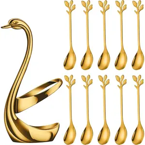11 Pcs Small Coffee Spoon Holder Set,Including 1 Swan Base with 10 Demitasse Espresso Spoons (Gold/Sliver),4.7" Mini Leaf Dessert Spoon,Christmas Party Gifts,Hand Tools Kits